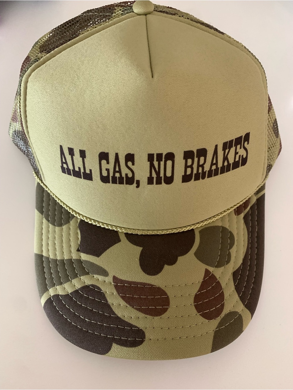 'All Gas, No Brakes' Trucker Hat in Olive and Camo